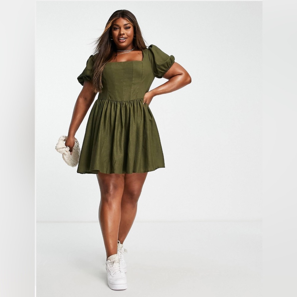 ASOS DESIGN Curve corset linen mini skater dress w/ puff sleeve US 18/UK 22